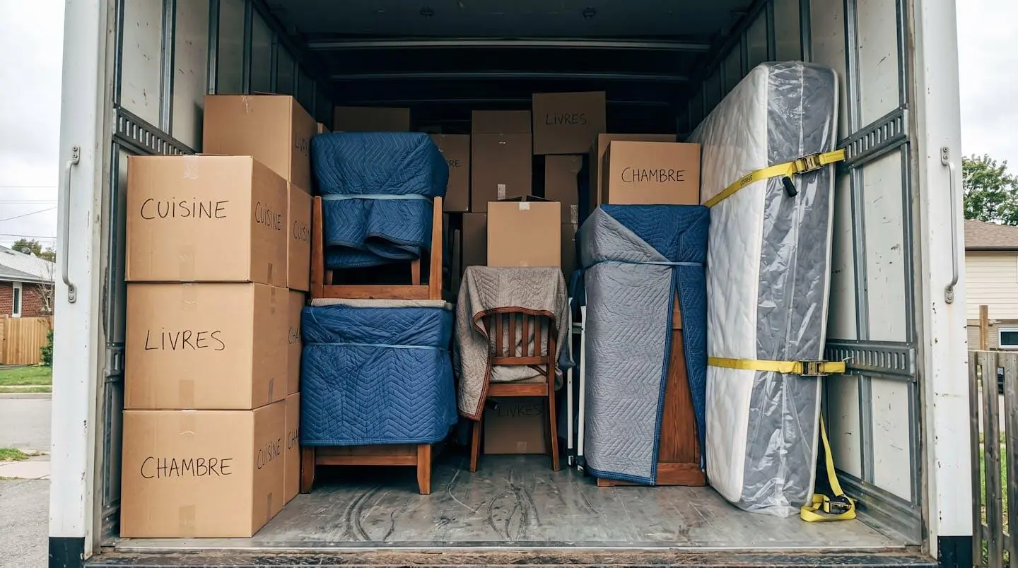 Vue intérieure d'un camion de déménagement de 40 mètres cubes chargé aux deux tiers, montrant l'organisation optimisée des cartons et des meubles