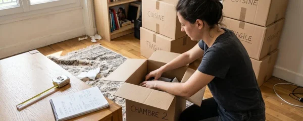 Un salon partiellement emballé avec des cartons étiquetés, un mètre ruban posé sur une table basse et une personne prenant des notes sur un carnet