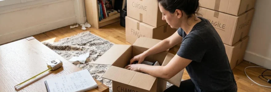 Un salon partiellement emballé avec des cartons étiquetés, un mètre ruban posé sur une table basse et une personne prenant des notes sur un carnet