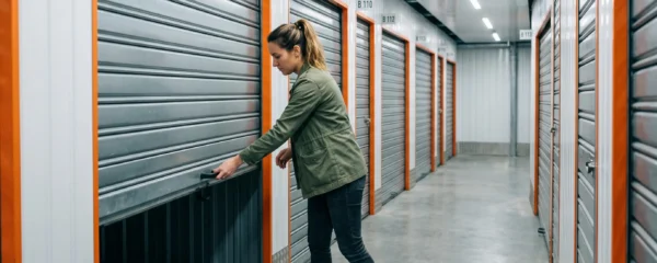 Person opening a self-storage unit door in a modern storage facility corridor