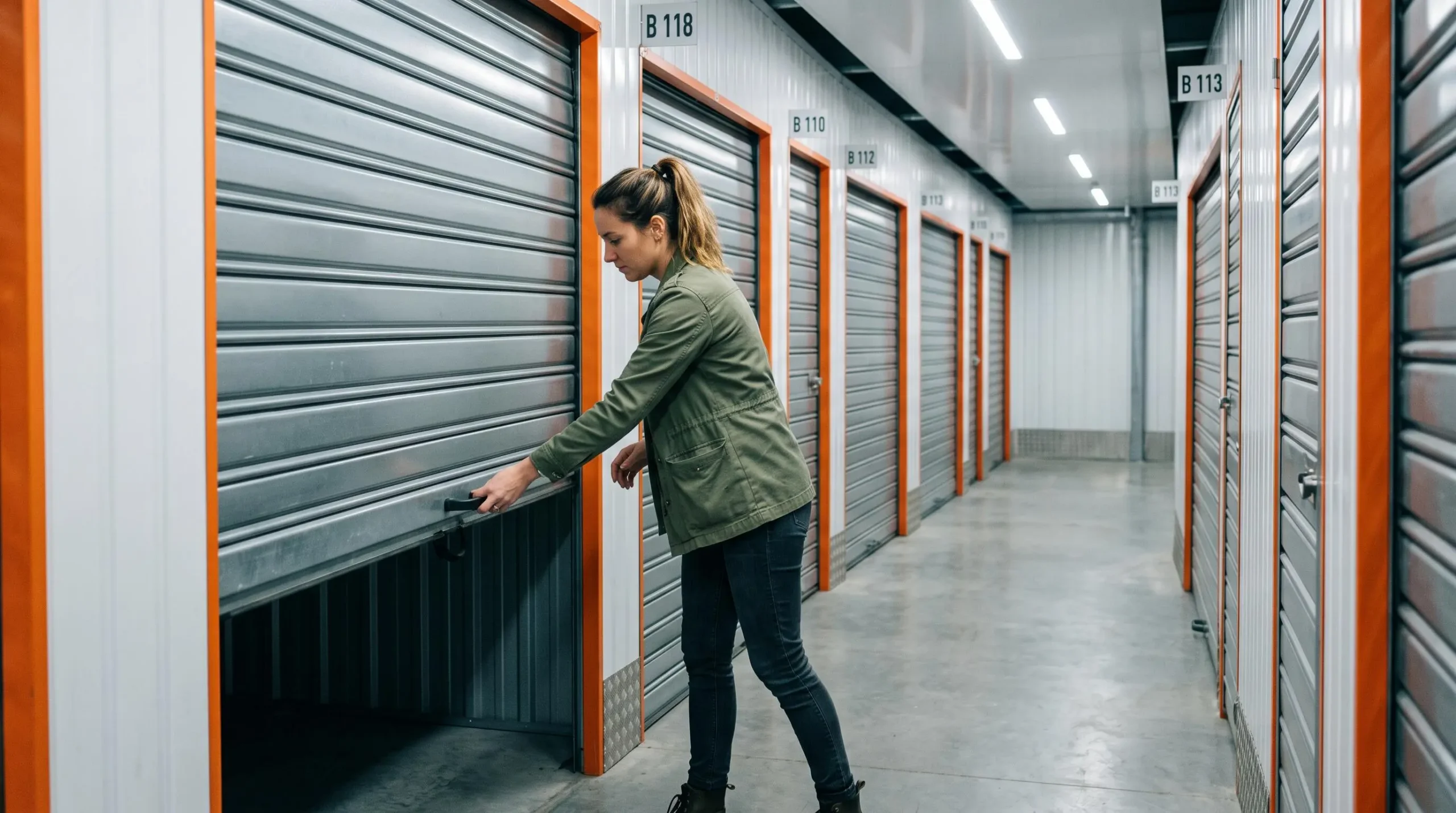Person opening a self-storage unit door in a modern storage facility corridor