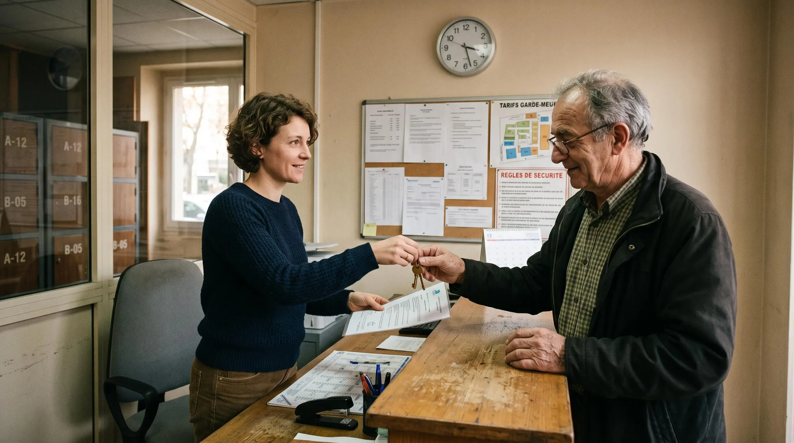 Staff member assisting a customer at the reception desk of a traditional garde-meuble facility
