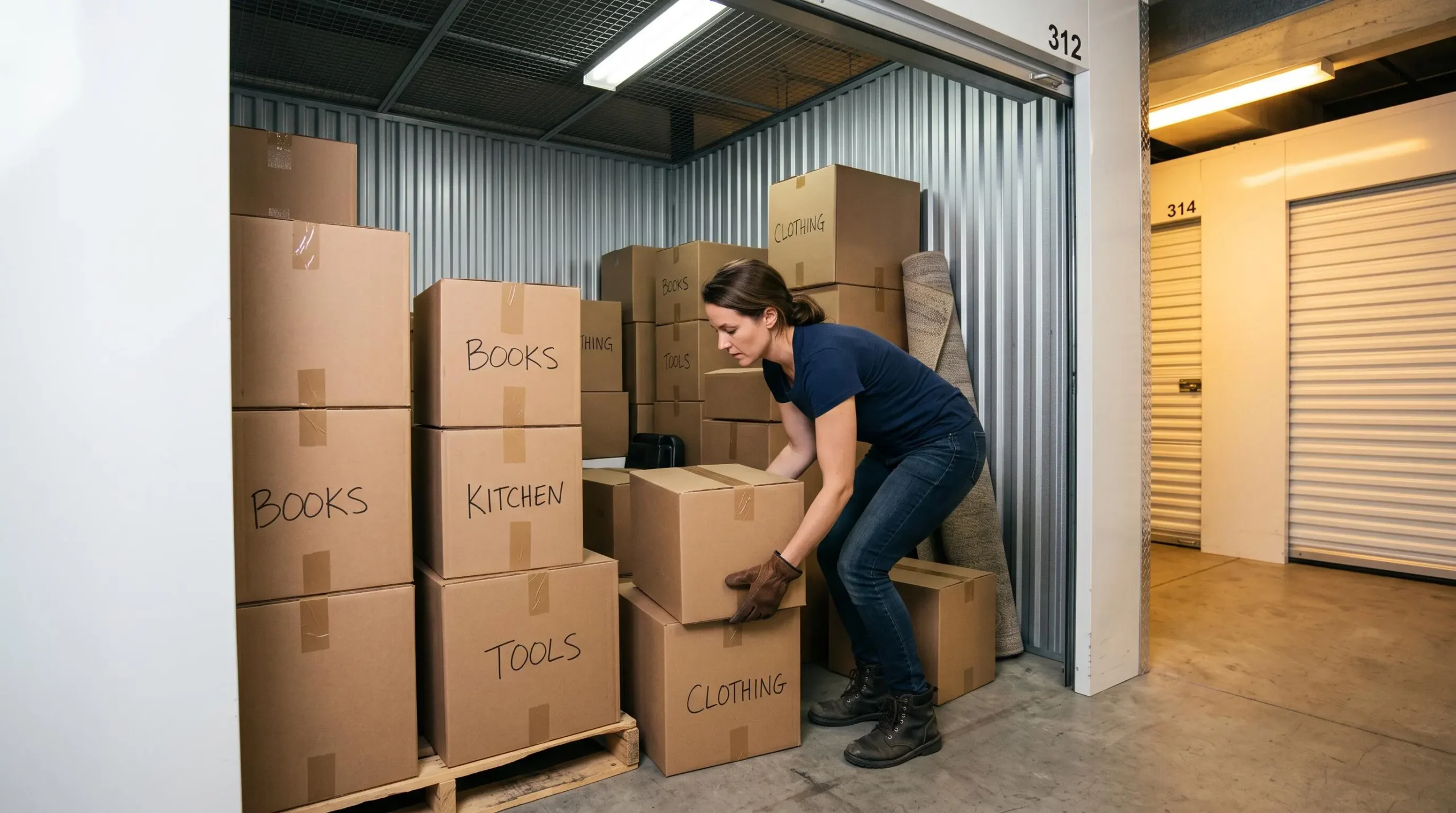 Person organizing and stacking cardboard moving boxes inside a self-storage unit